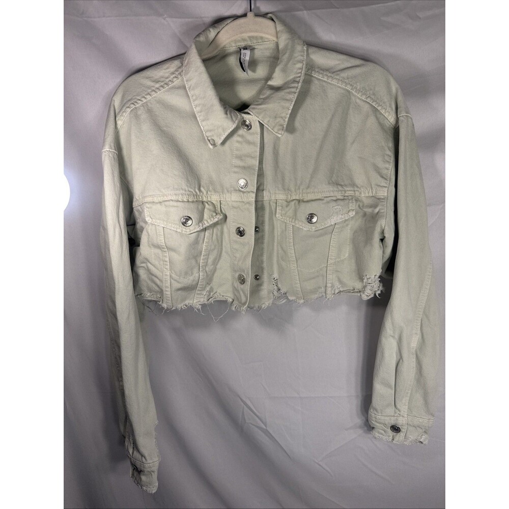 Zara  Cropped Jean Jacket Distressed Denim Women’s Medium Mint Green Button Crop